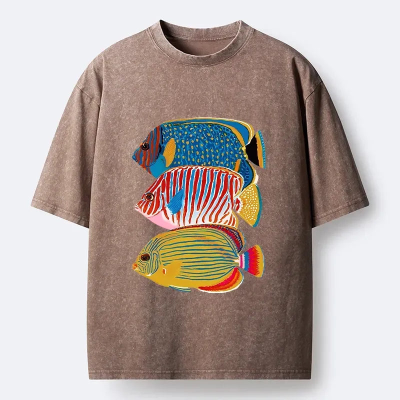 Kyoto-Lion Three Bright Tropical Ocean Fish Washed T-Shirt
