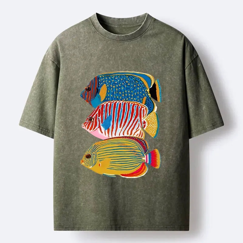 Kyoto-Lion Three Bright Tropical Ocean Fish Washed T-Shirt