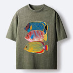 Kyoto-Lion Three Bright Tropical Ocean Fish Washed T-Shirt