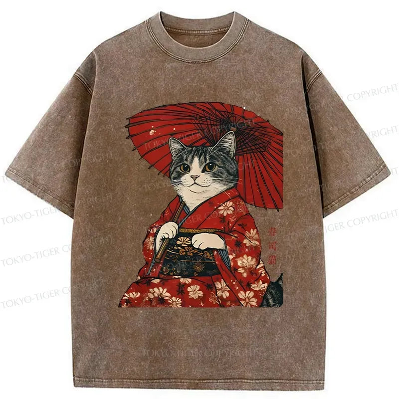 Japanese Cat Holding Umbrella T-Shirt