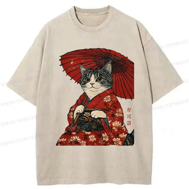 Washed Japanese Cat Tee for Daily Wear