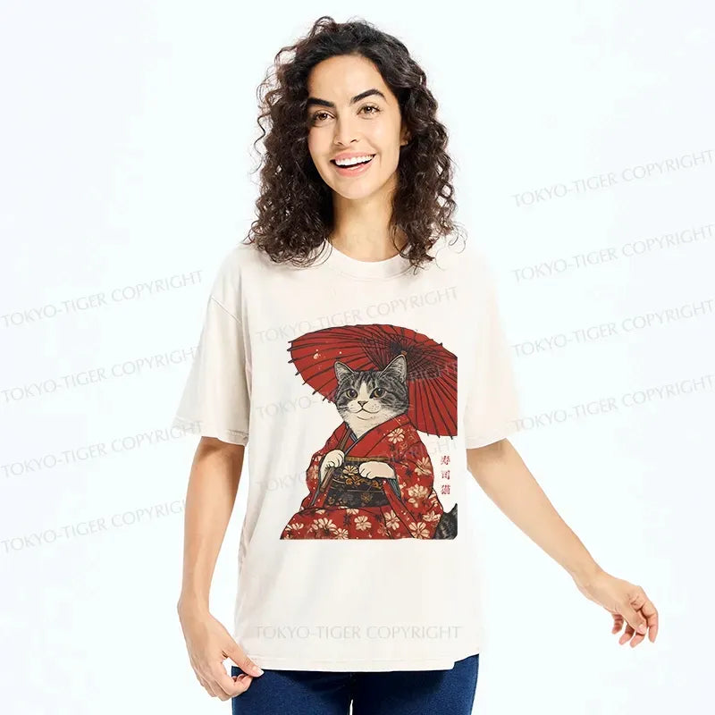 Kyoto-Lion Japanese Cat Holding An Umbrella Washed T-Shirt