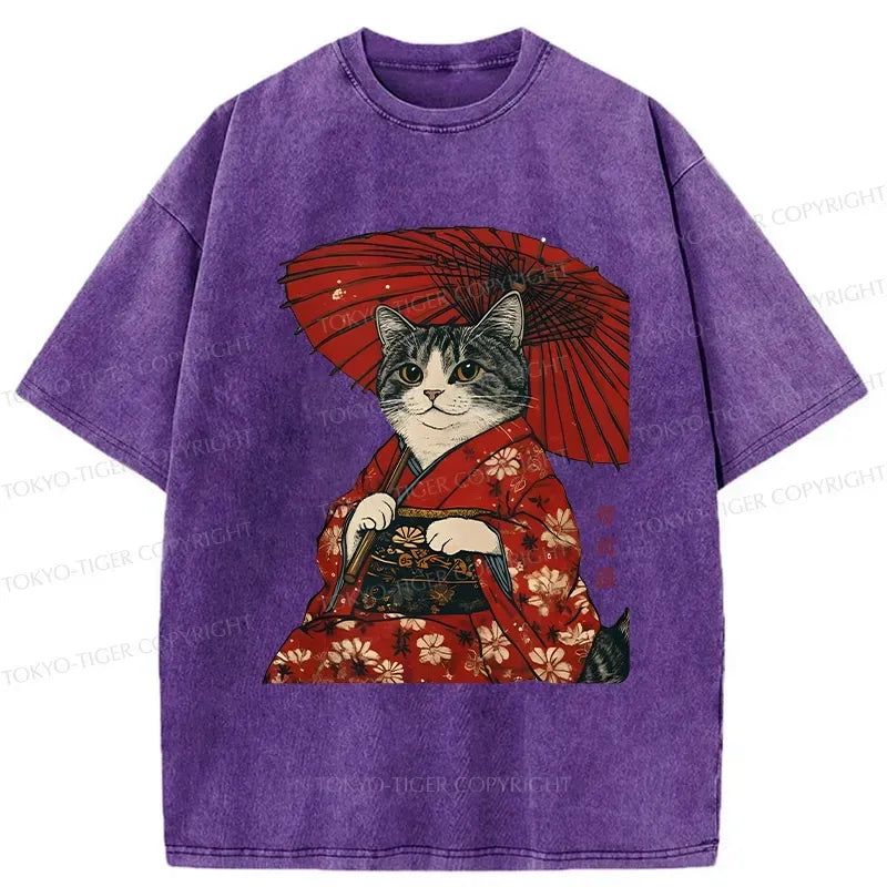 Kyoto-Lion Japanese Cat Holding An Umbrella Washed T-Shirt