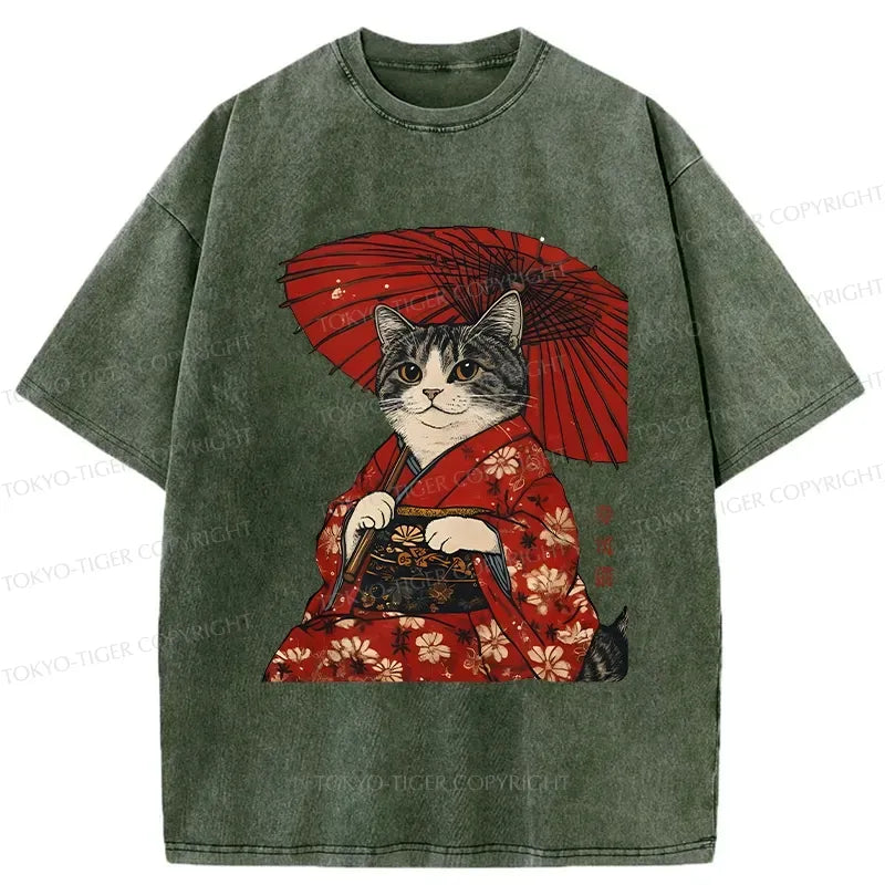 Japanese Cat Holding Umbrella T-Shirt