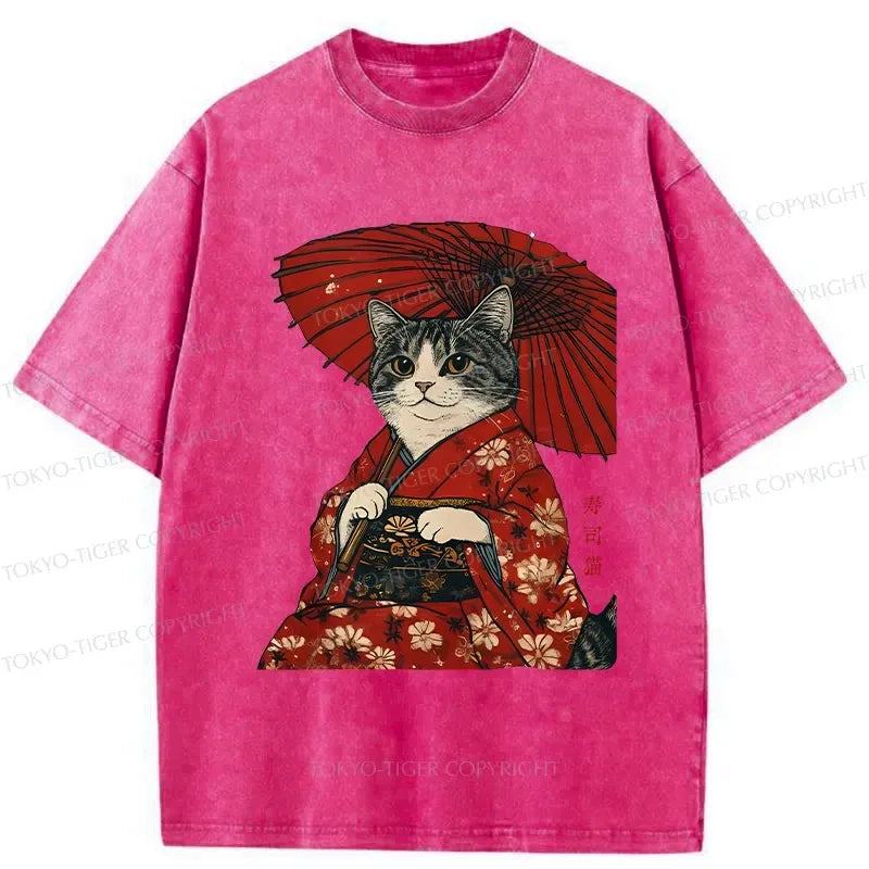 Kyoto-Lion Japanese Cat Holding An Umbrella Washed T-Shirt