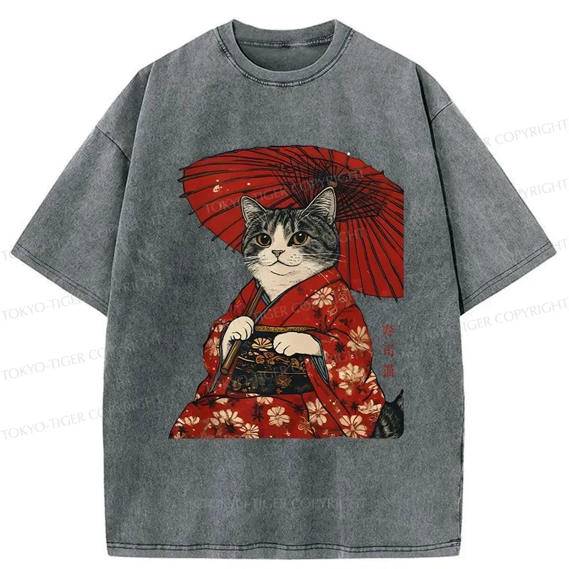 Washed Japanese Cat Tee for Daily Wear