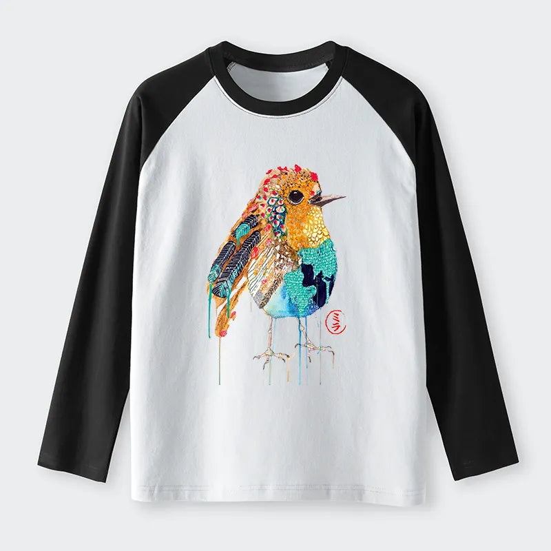 Kyoto-Lion Sparkly Wild Bird Raglan Long Sleeve T-shirt
