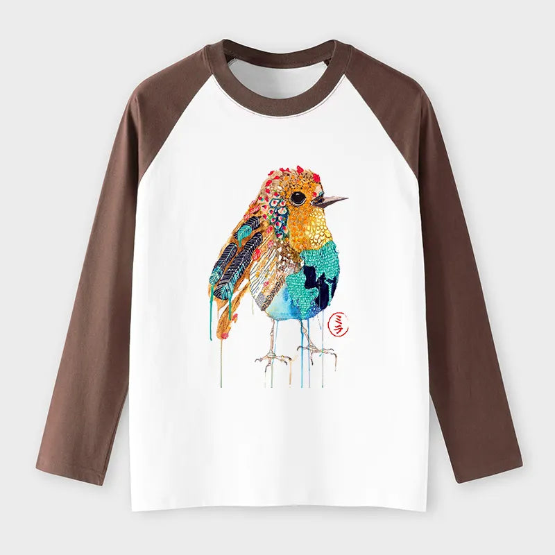 Kyoto-Lion Sparkly Wild Bird Raglan Long Sleeve T-shirt