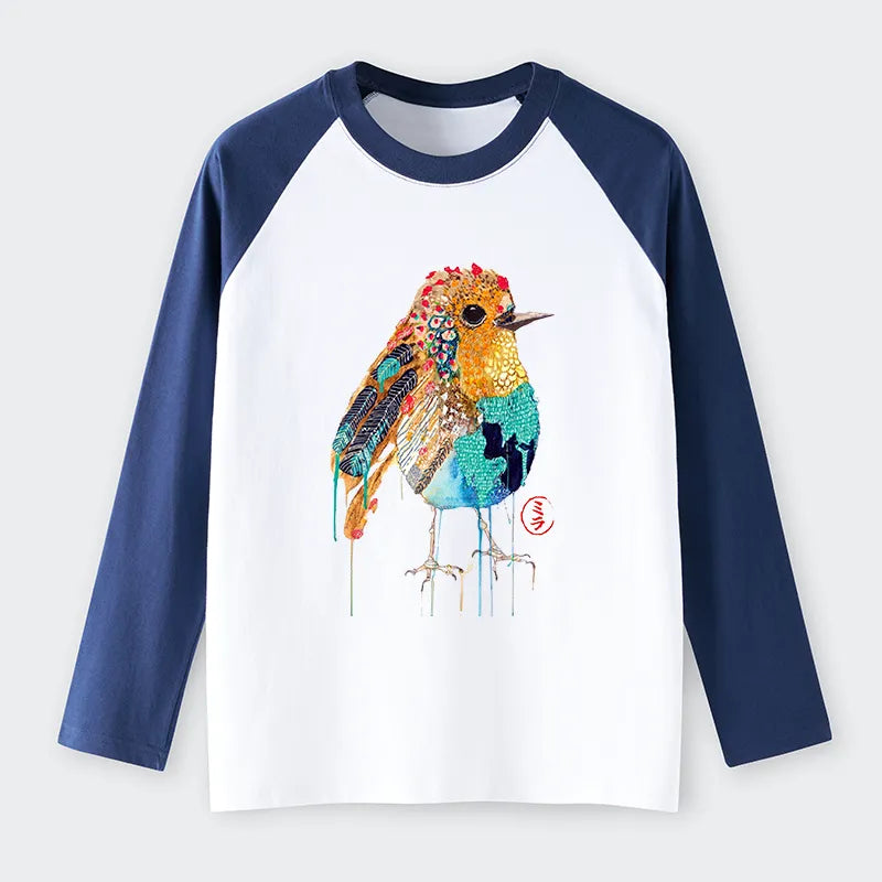 Kyoto-Lion Sparkly Wild Bird Raglan Long Sleeve T-shirt
