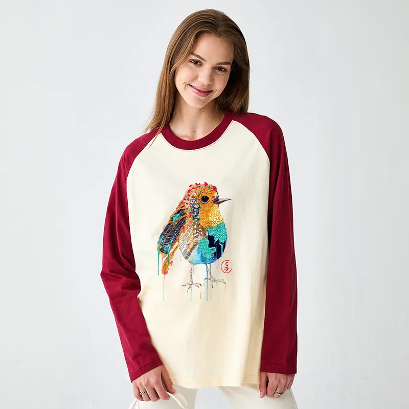 Kyoto-Lion Sparkly Wild Bird Raglan Long Sleeve T-shirt