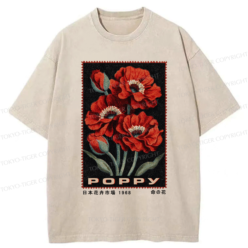Kyoto-Lion Timeless Poppy Stamp Washed T-Shirt