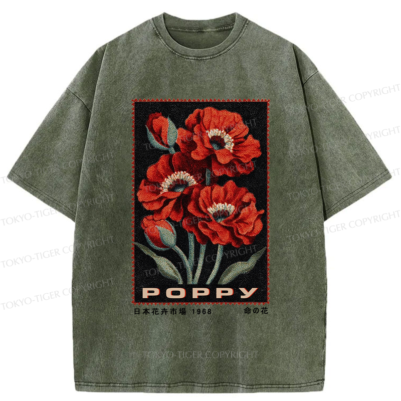 Kyoto-Lion Timeless Poppy Stamp Washed T-Shirt