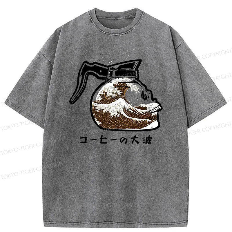 Kyoto-Lion Coffee Pot Skeleton With Waves Washed T-Shirt
