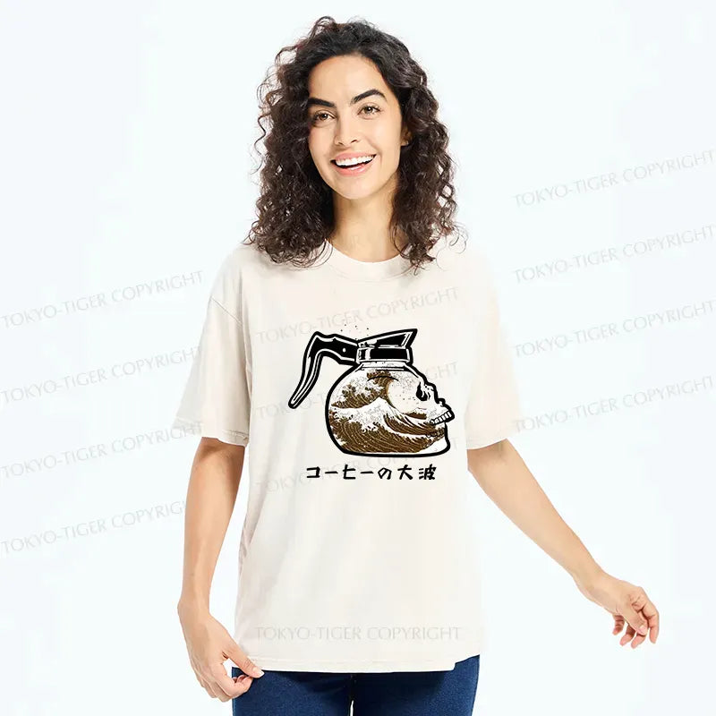 Kyoto-Lion Coffee Pot Skeleton With Waves Washed T-Shirt