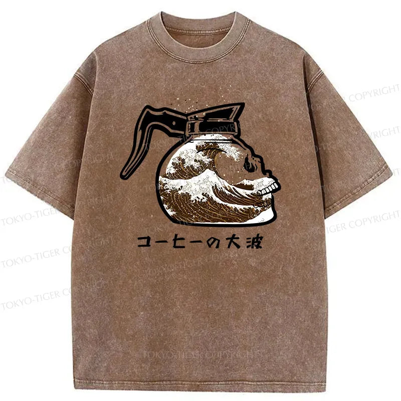 Kyoto-Lion Coffee Pot Skeleton With Waves Washed T-Shirt