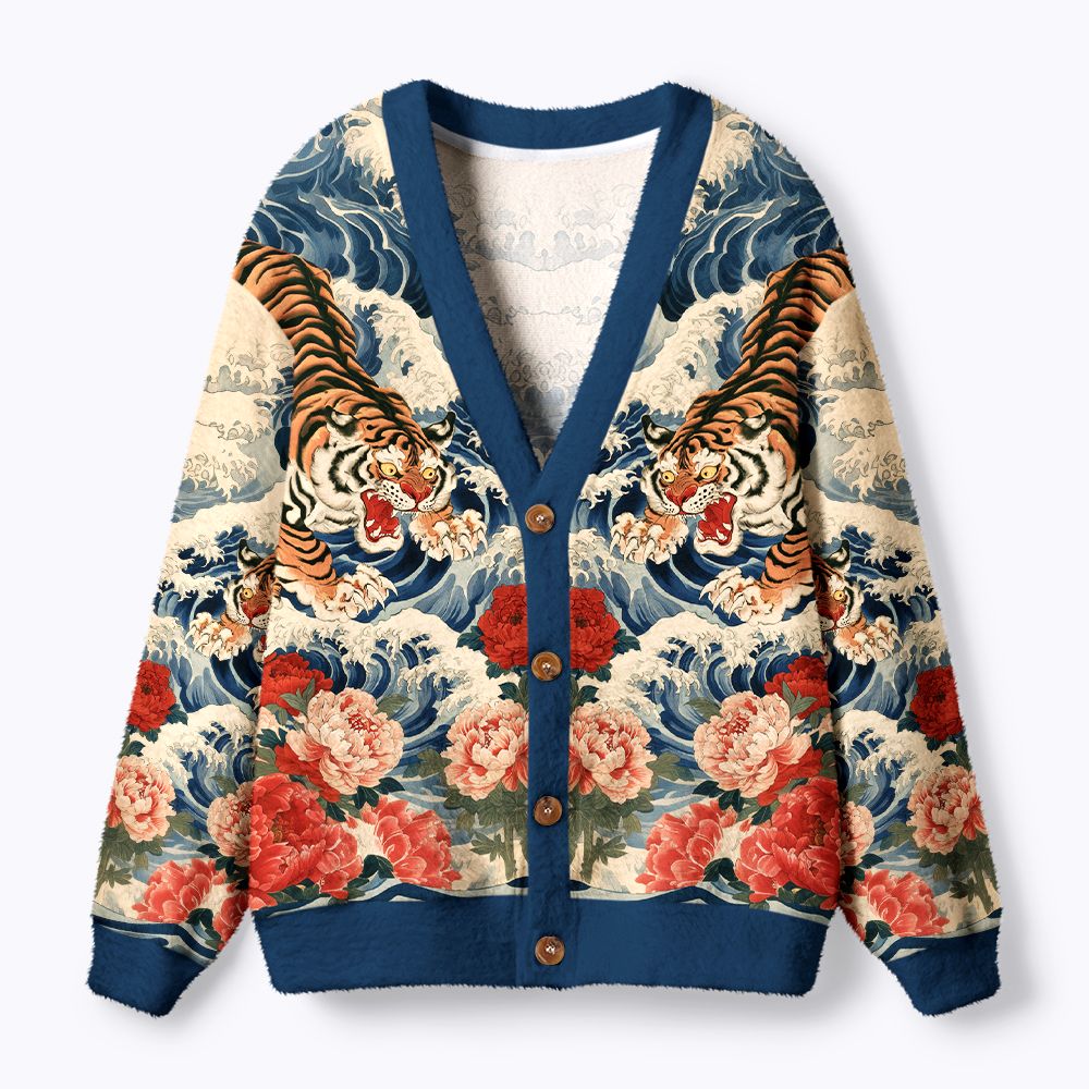 Kyoto-Lion Tiger Of The Floral Surf Ugly Cardigan Sweater
