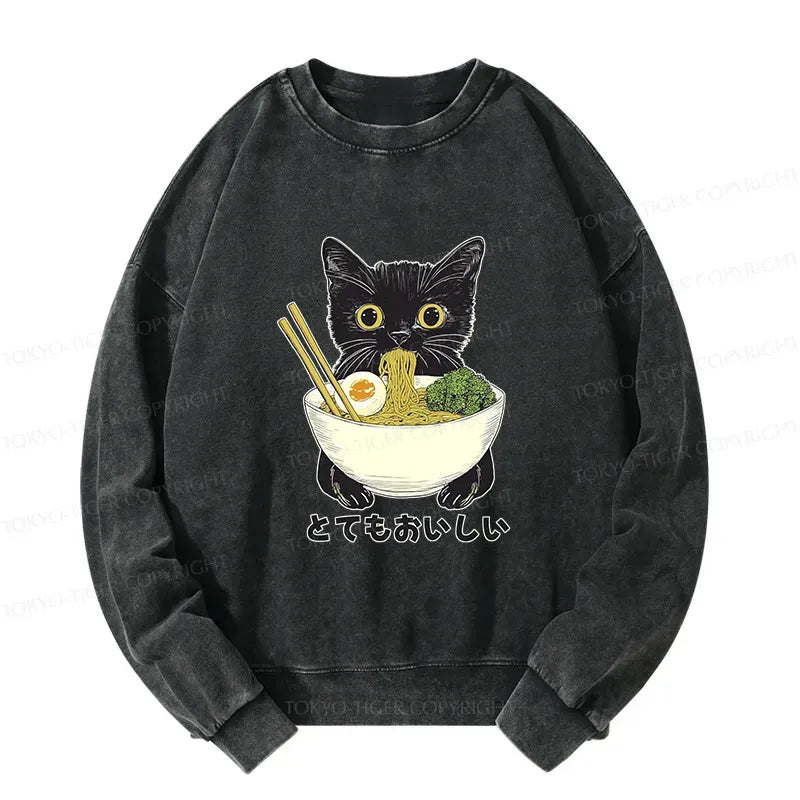 Kyoto-Lion Ramen Lover Cute Cat Washed Sweatshirt