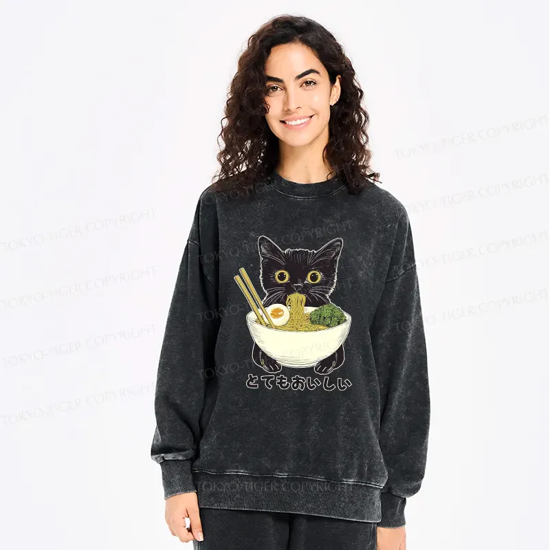 Kyoto-Lion Ramen Lover Cute Cat Washed Sweatshirt