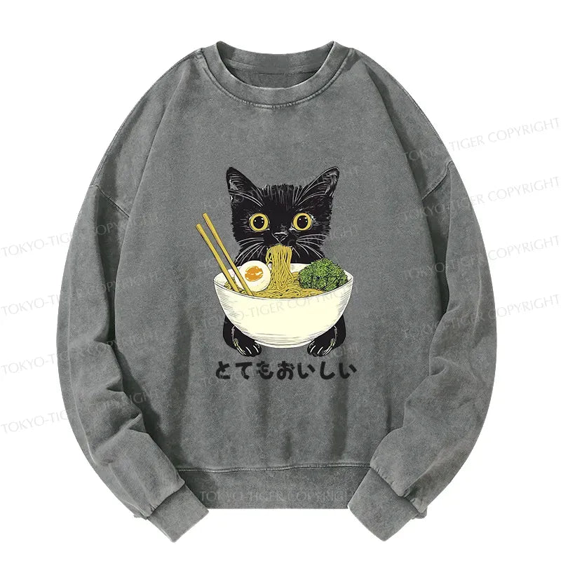 Kyoto-Lion Ramen Lover Cute Cat Washed Sweatshirt