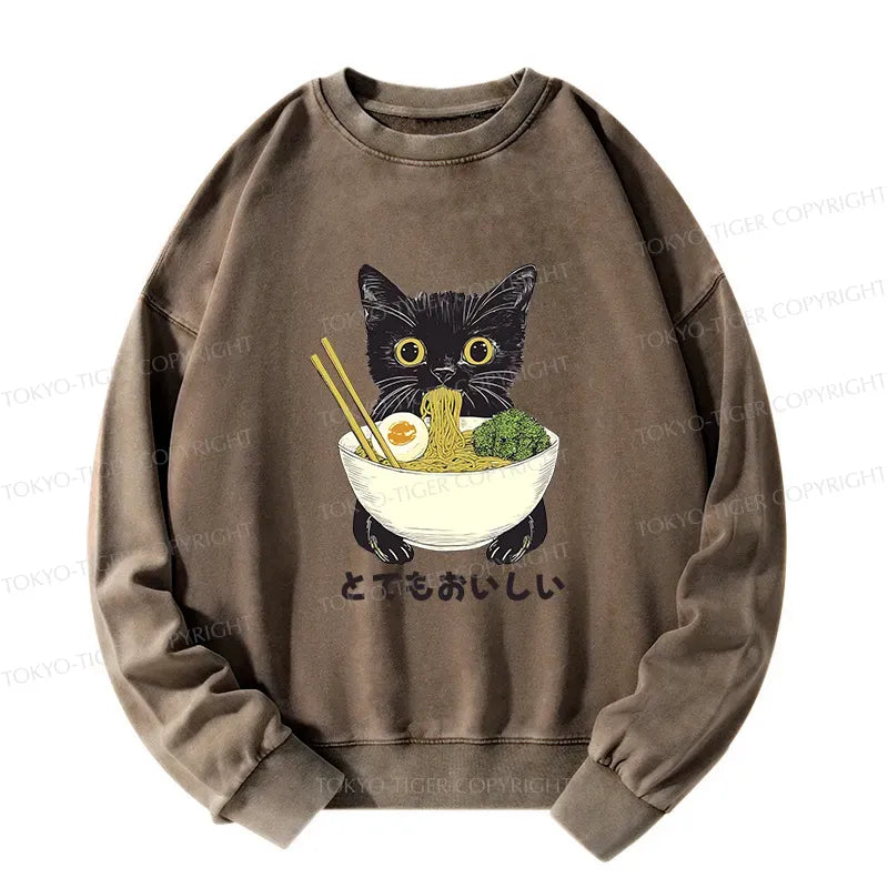 Kyoto-Lion Ramen Lover Cute Cat Washed Sweatshirt