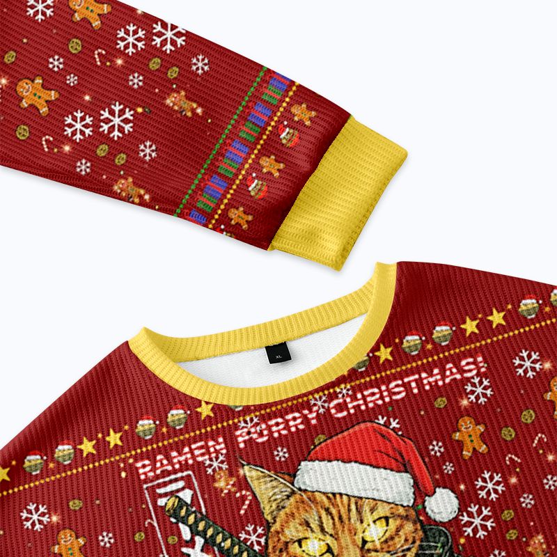 cat eating ramen christmas ugly sweatshirt