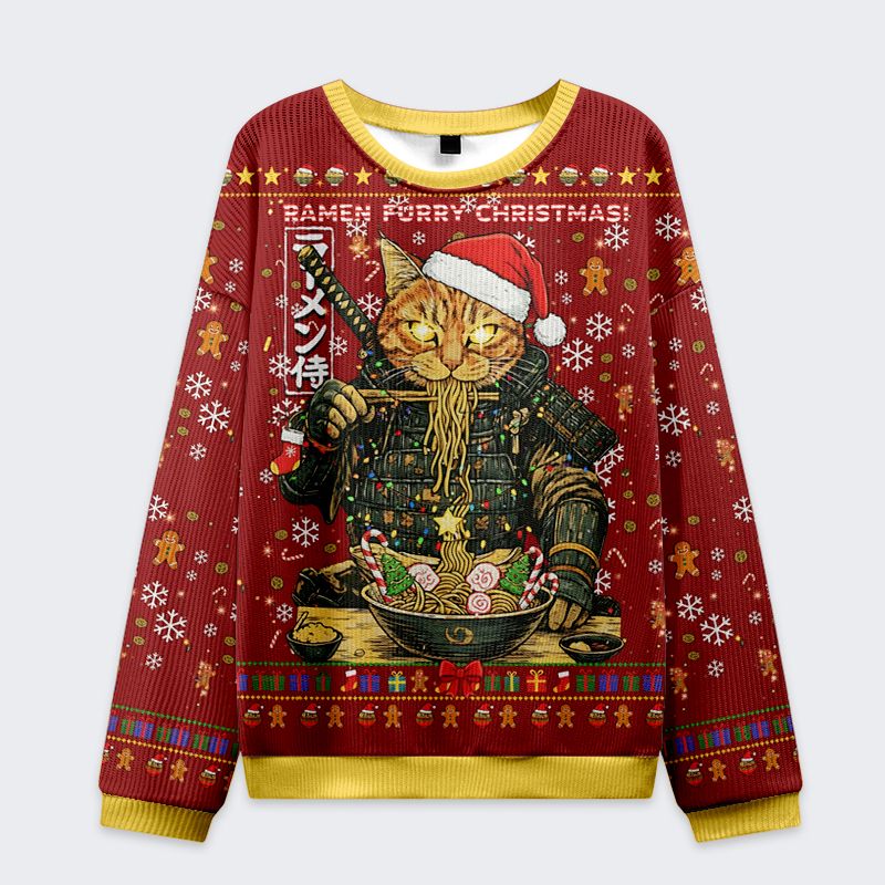 cat eating ramen christmas ugly sweatshirt