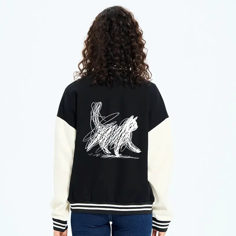 Minimalist Cat Embroidery Varsity Jacket Gift Idea