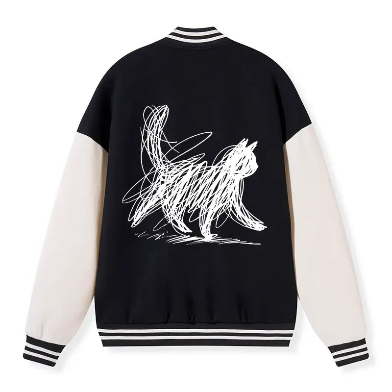 Kyoto-Lion Minimalist Cat Art Embroidery Varsity Jacket