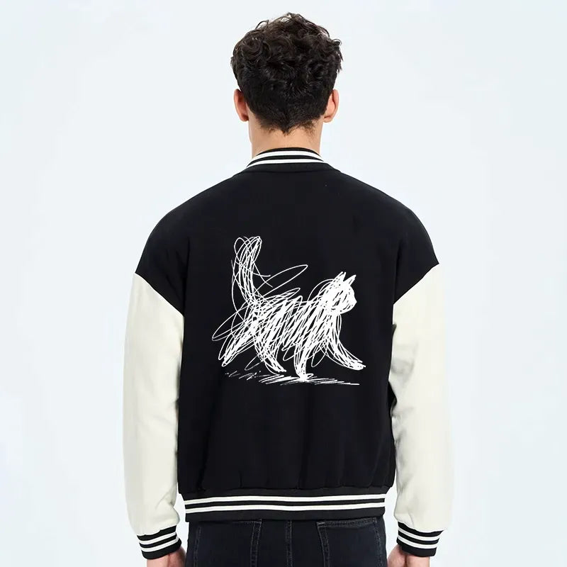 Kyoto-Lion Minimalist Cat Art Embroidery Varsity Jacket