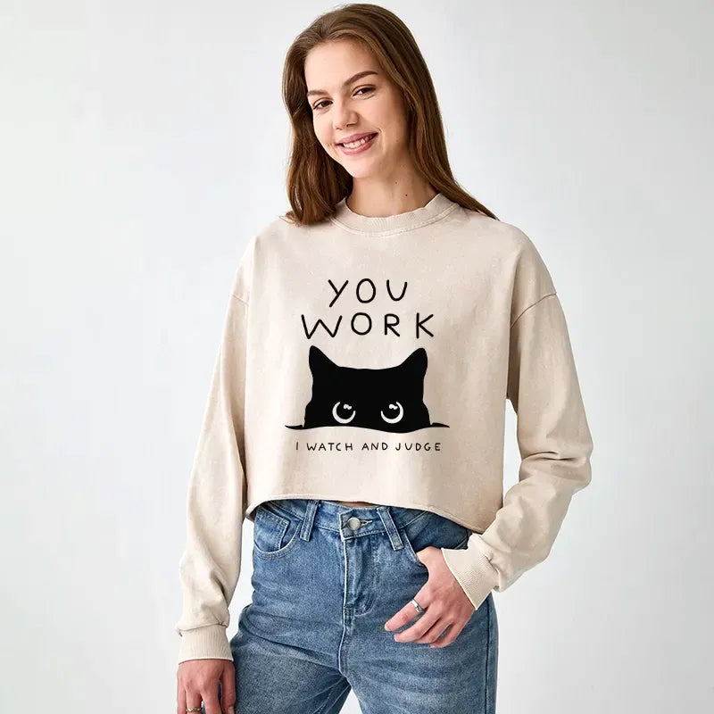 Kyoto-Lion A Cat That Spies Washed Crop Sweatshirt