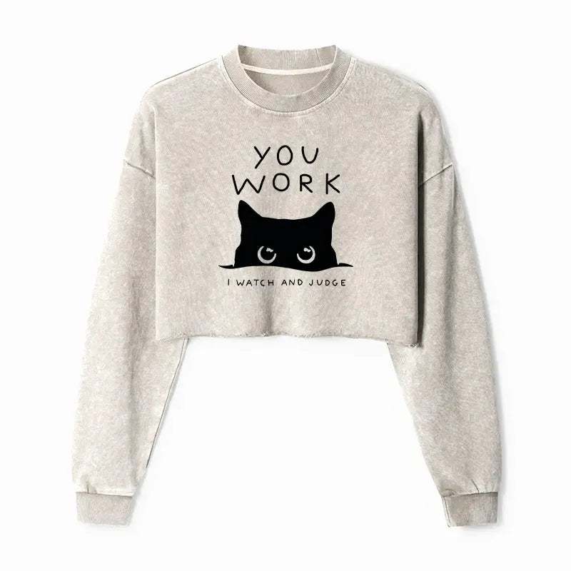Kyoto-Lion A Cat That Spies Washed Crop Sweatshirt