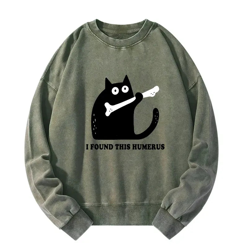 Funny Cat Sweatshirt with Washed Style