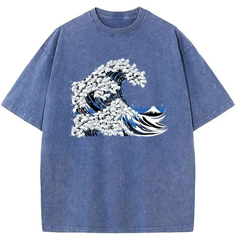japanese cat wave washed t-shirt