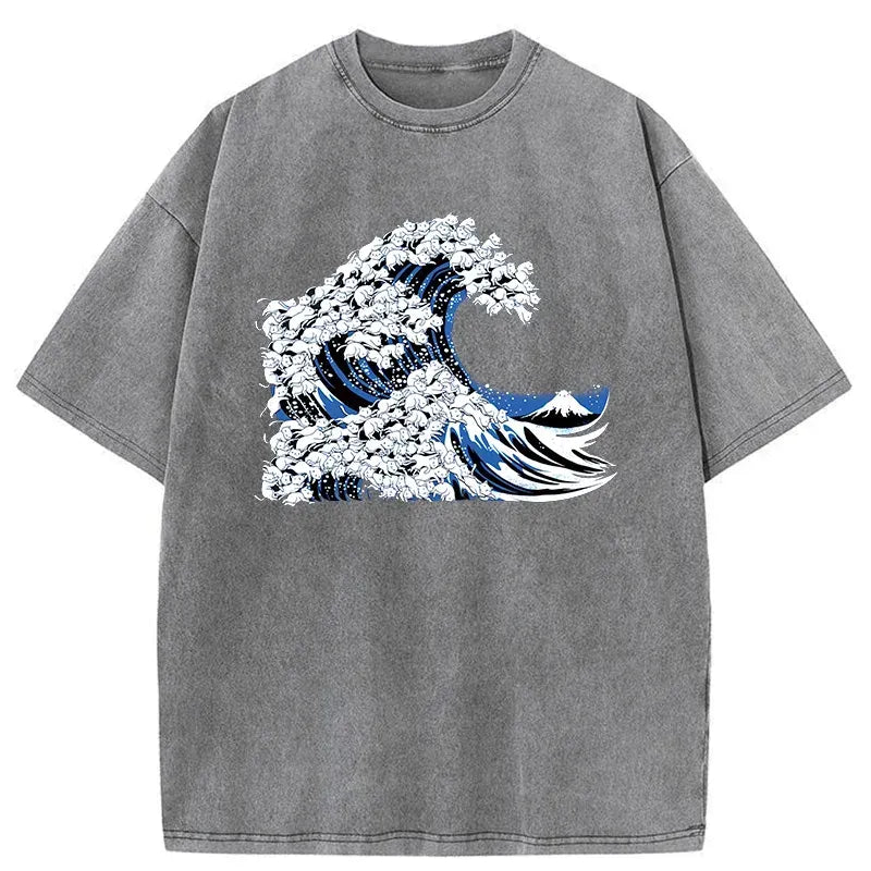 Kyoto-Lion Japanese Cat Wave Washed T-Shirt
