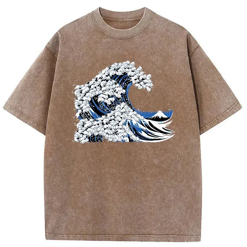japanese cat wave washed t-shirt