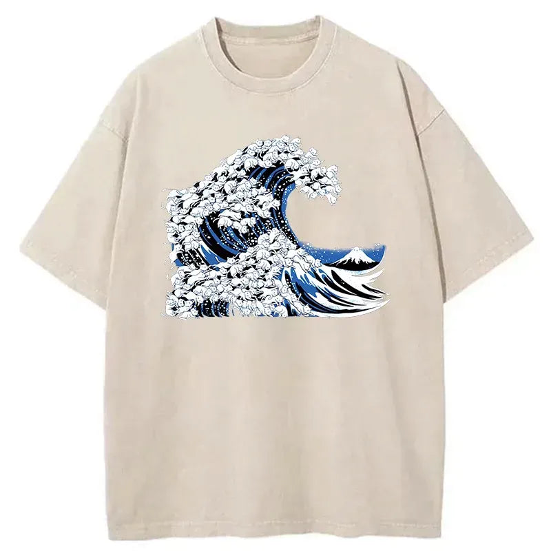 japanese cat wave washed t-shirt