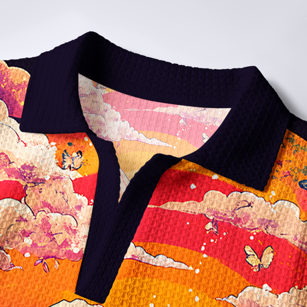 Kyoto-Lion Whale Over The Sea Of Flowers Crochet Polo Shirt