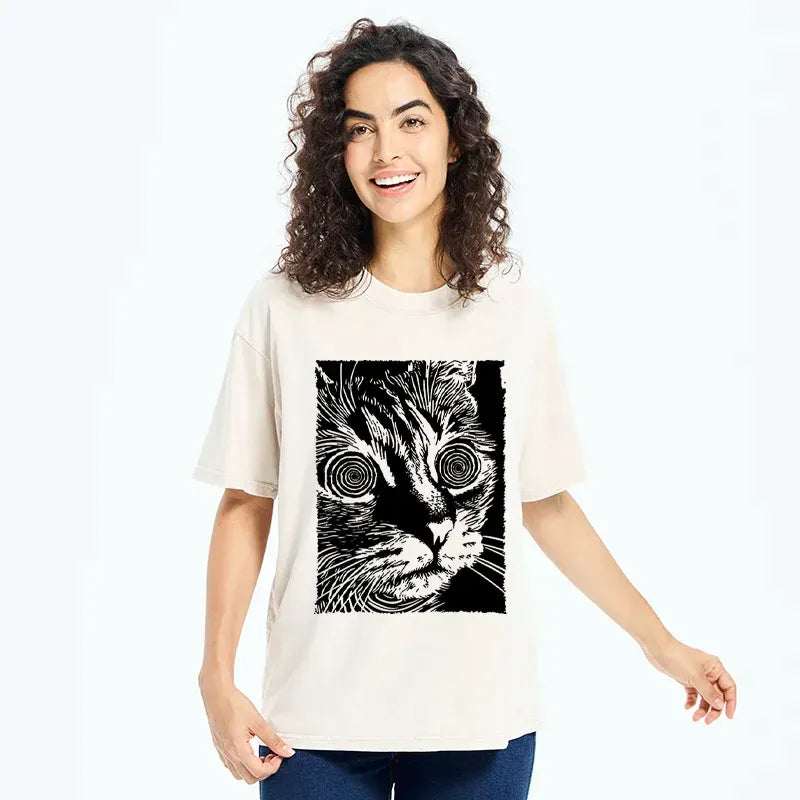 Kyoto-Lion Psychedelic Horror Cat Washed T-Shirt