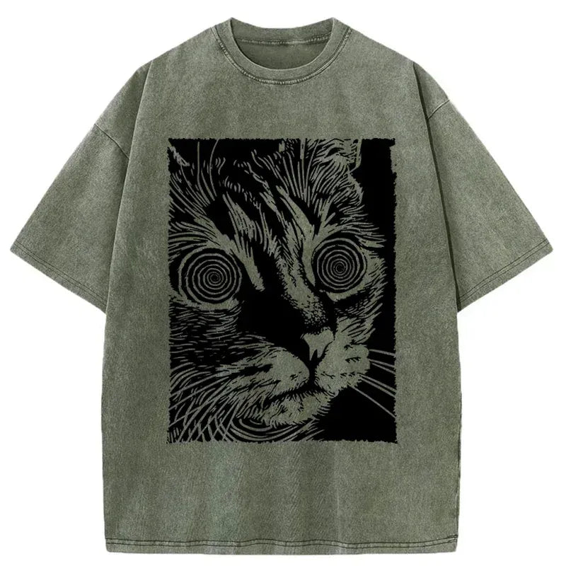 Kyoto-Lion Psychedelic Horror Cat Washed T-Shirt
