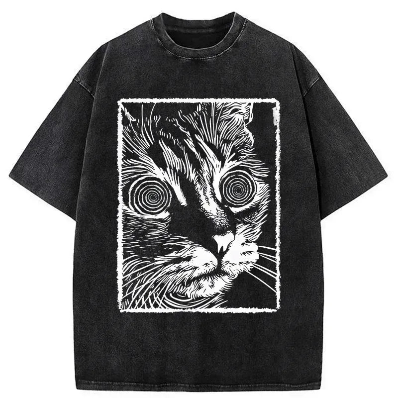 Kyoto-Lion Psychedelic Horror Cat Washed T-Shirt