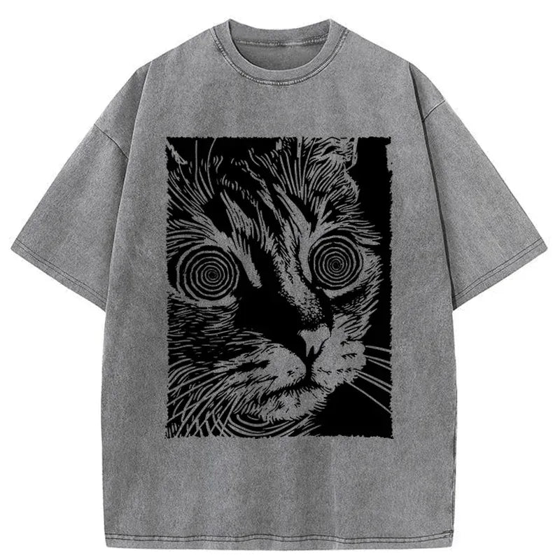 Kyoto-Lion Psychedelic Horror Cat Washed T-Shirt