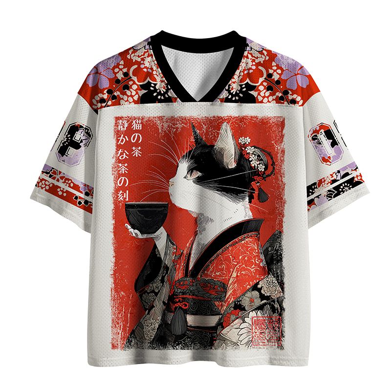 Kyoto-Lion Kimono Tea Cat Red Vintage Ink Art Mesh Jersey