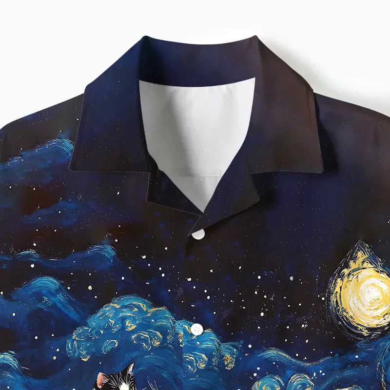 Kyoto-Lion The Great Wave Off Cat Cuban Collar Shirt