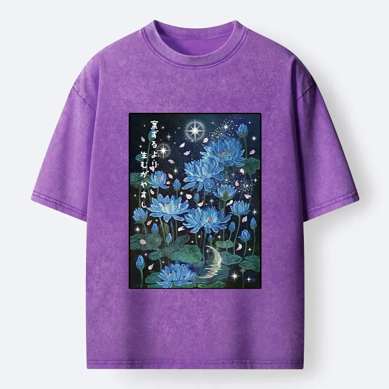 Kyoto-Lion Night Lotus Star Soft Zen Graphic Washed T-Shirt