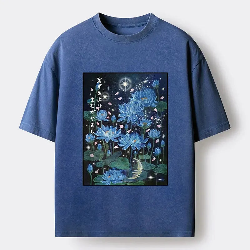 Kyoto-Lion Night Lotus Star Soft Zen Graphic Washed T-Shirt