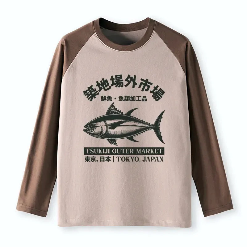 Kyoto-Lion Sakana Tsukiji Fish Market Raglan Long Sleeve T-shirt