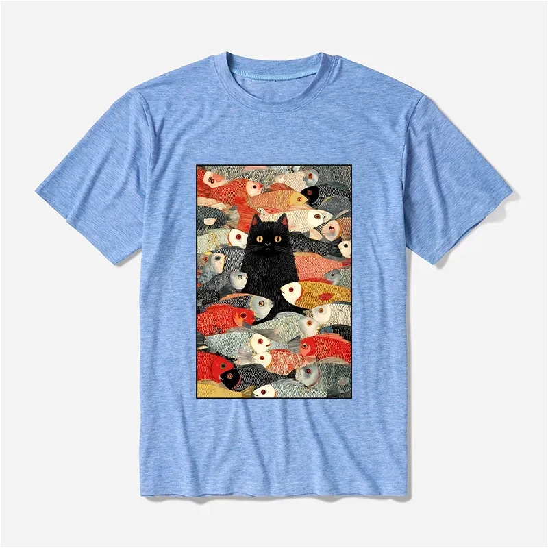 Kyoto-Lion Cats And Fish Cotton Blend T-Shirt