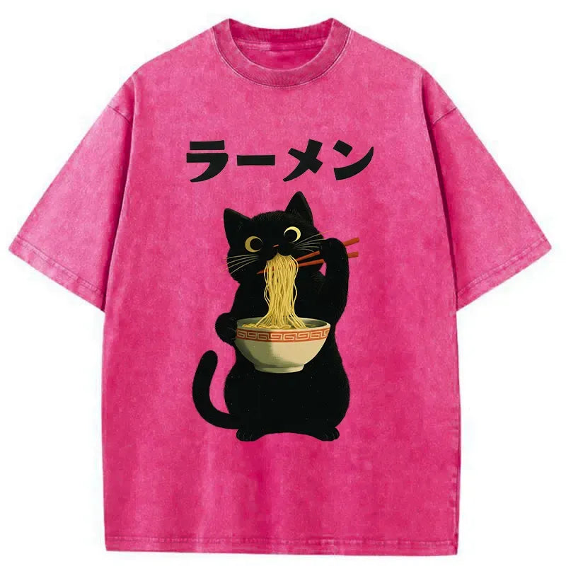 Vintage Washed Cat Ramen Tee for Streetwear