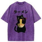 Vintage Washed Cat Ramen Tee for Streetwear