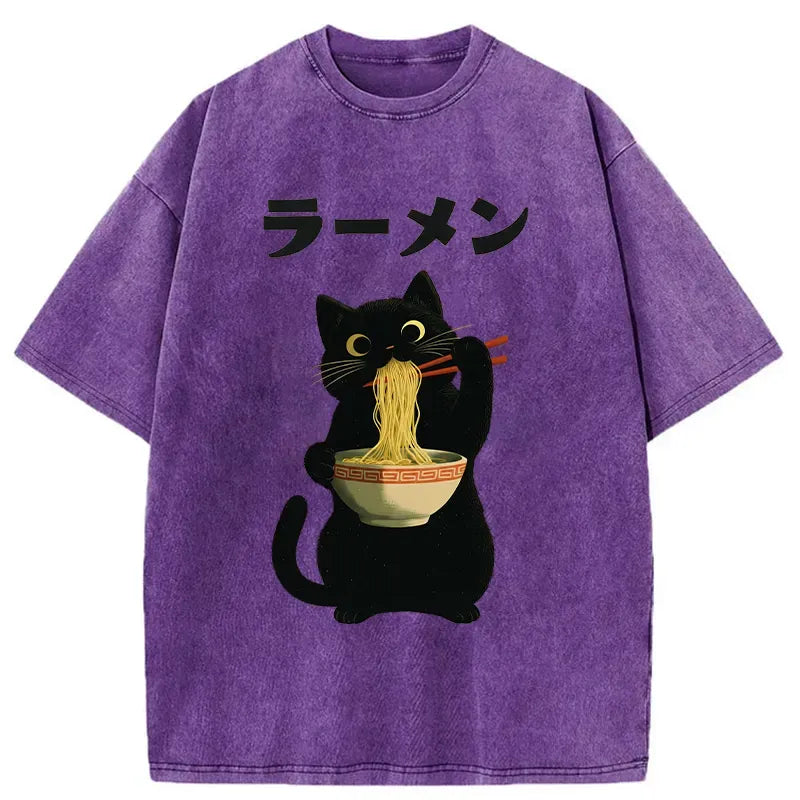 Vintage Washed Cat Ramen Tee for Streetwear